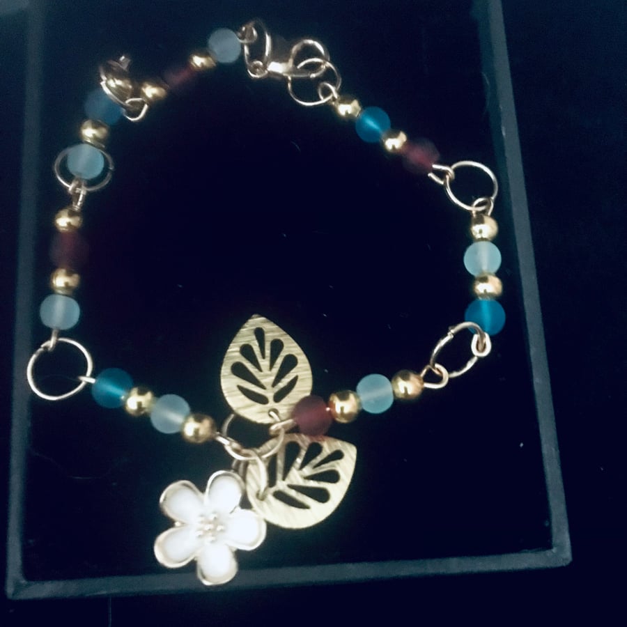 Gold Bracelet Featuring Turquoise and Deep Red Frosted Beads 8”