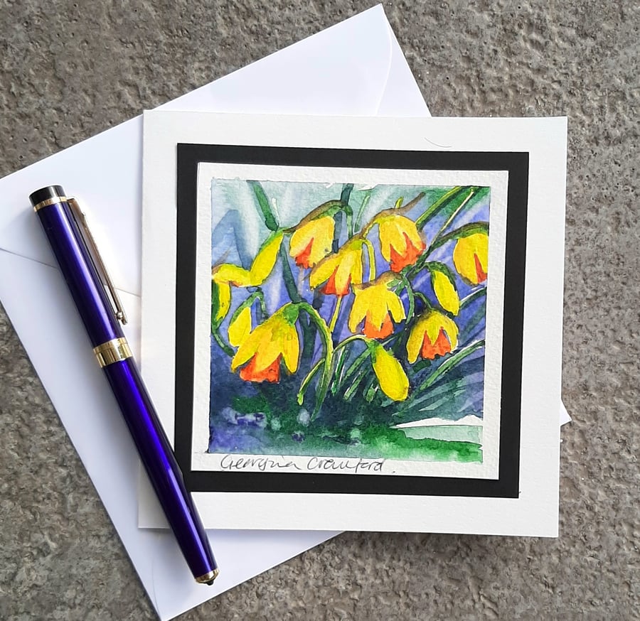 Daffodils. Handpainted. Blank Card. Notelet Of Abstract Yellow Flowers.
