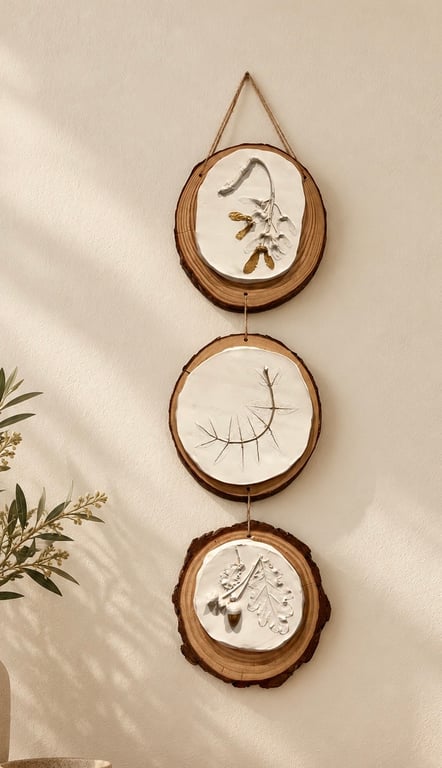 Botanical Wood Slice Wall Hanging, Three Piece Nature Inspired Wall Art