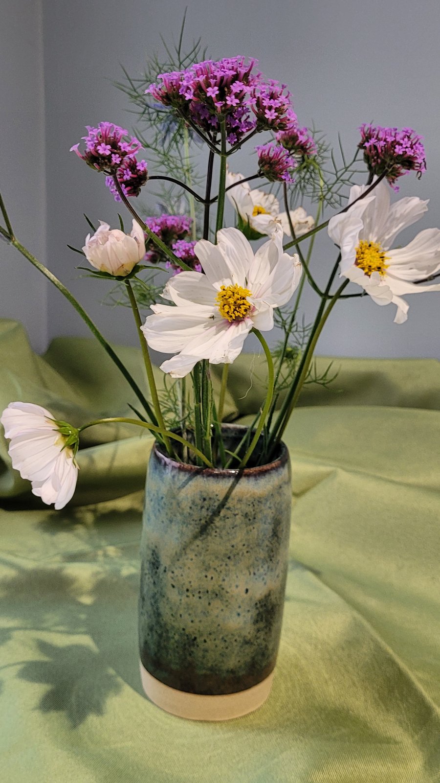 Blue green cylinder vase handmade pottery