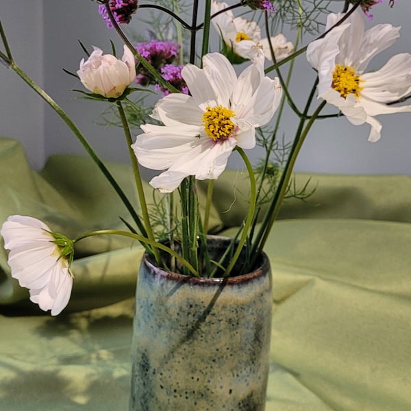 Blue green cylinder vase handmade pottery