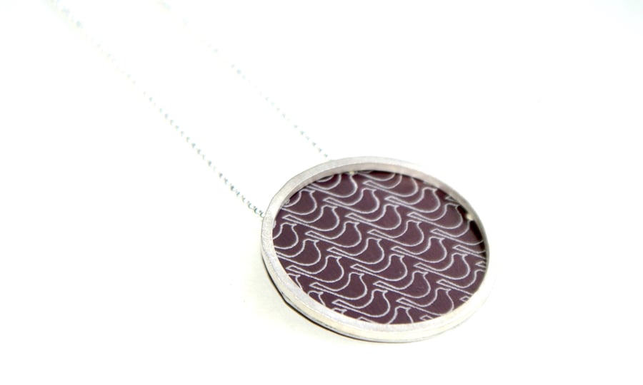 SALE 25% OFF Silver and plum circle large necklace - bird pattern