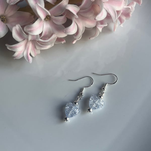 Pastel blue crackle heart earrings on sterling silver hooks