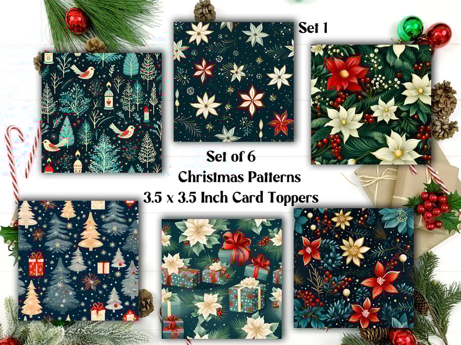Christmas Floral Patterns 6 Square Card Toppers for Card Making, Journals, Tags