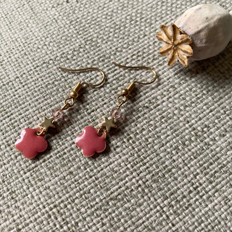 Flower earrings with gold star & pink crystal, PERFECTLY IMPERFECT
