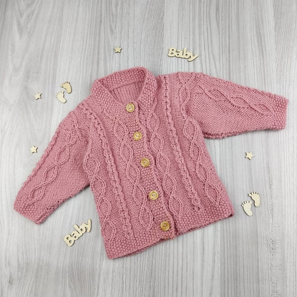 Rose Pink Hand Knitted Baby Cardigan, Cable Pattern Infant Knitwear, 0-3 Months 