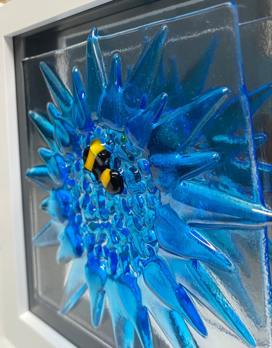 Fused glass cornflower with bee picture.