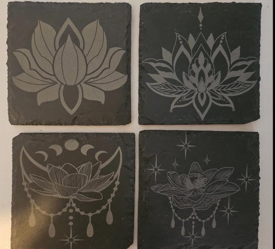 Set of 4 Lotus flower slate coasters - rebirth - gift - symbolic