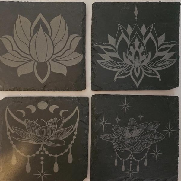 Set of 4 Lotus flower slate coasters - rebirth - gift - symbolic