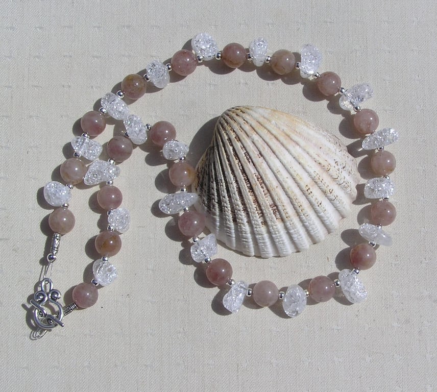 Strawberry & Clear Quartz Gemstone Chunky Statement Necklace "Strawberry Ice"