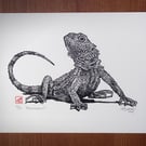 "Blackbeard" Original Linoprint of a Bearded Dragon