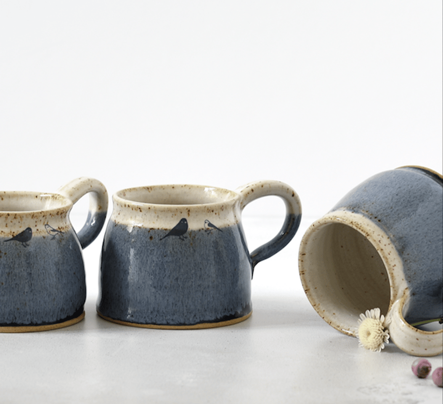 Handmade blue and white ceramic mug with birds - wheelthrown stoneware pottery