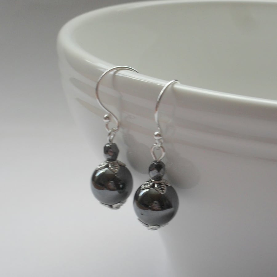 Haematite and czech Glass Silver Plated Earrings