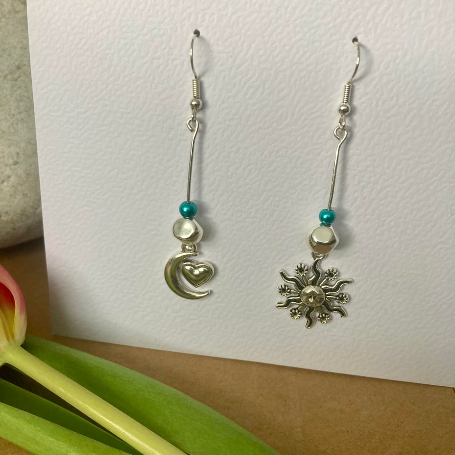 Silver Celestial Earrings with Turquoise Pearl  - Boho style, Dangle