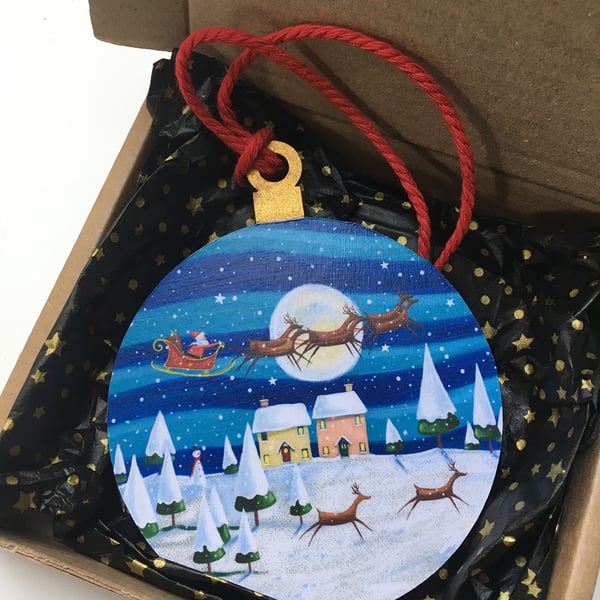 Santa Sleigh Reindeer Christmas Hanging Ornament Decoration