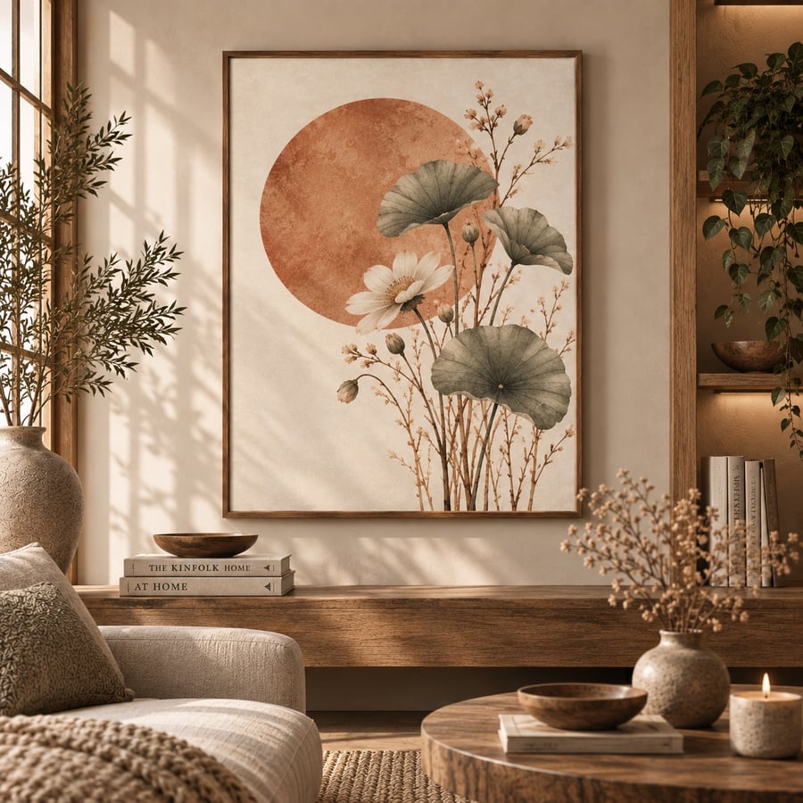 Minimalist Lotus Wall Art - Terracotta Zen Print (Physical Print)