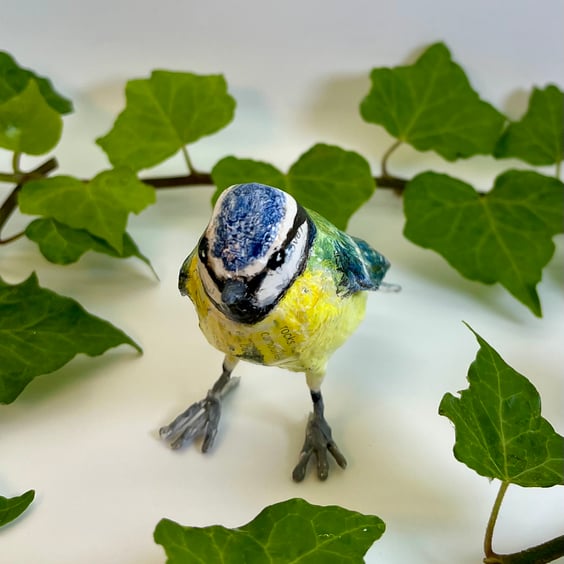 Paper mache blue tit sculpture original art 