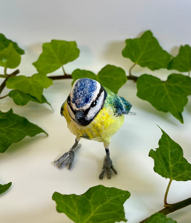 Paper mache blue tit sculpture original art 