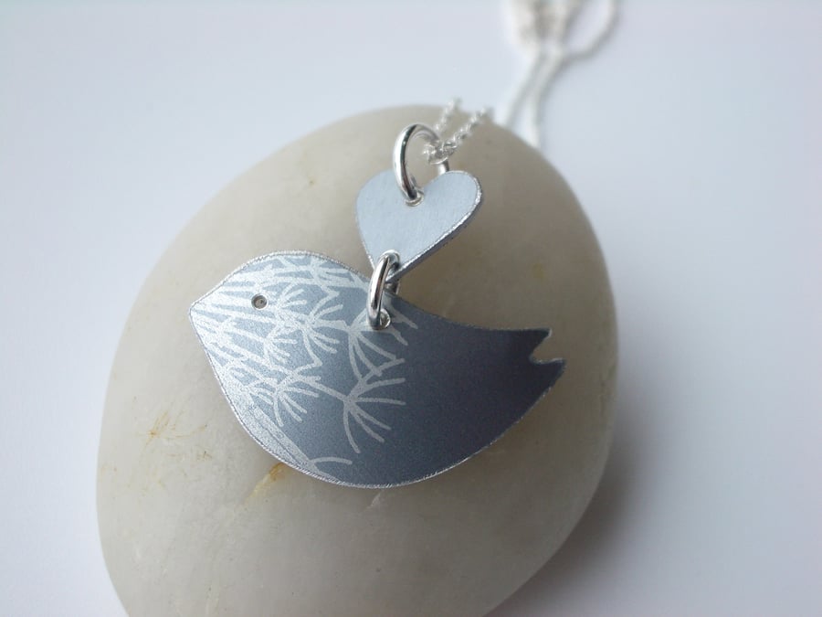 Bird necklace with dandelion print in grey and silver