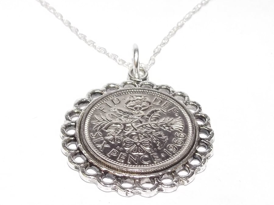 Fine Pendant 1966 Lucky sixpence 58th Birthday plus Sterling Silver 18in Chain
