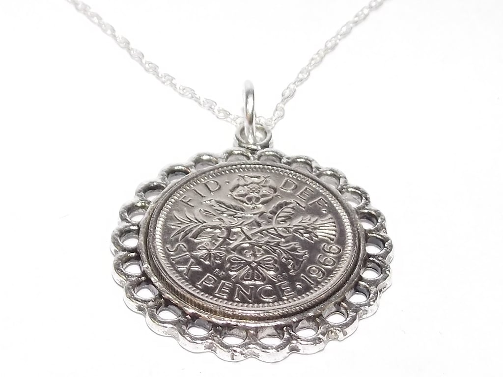Fine Pendant 1966 Lucky sixpence 60th Birthday plus Sterling Silver 18in Chain