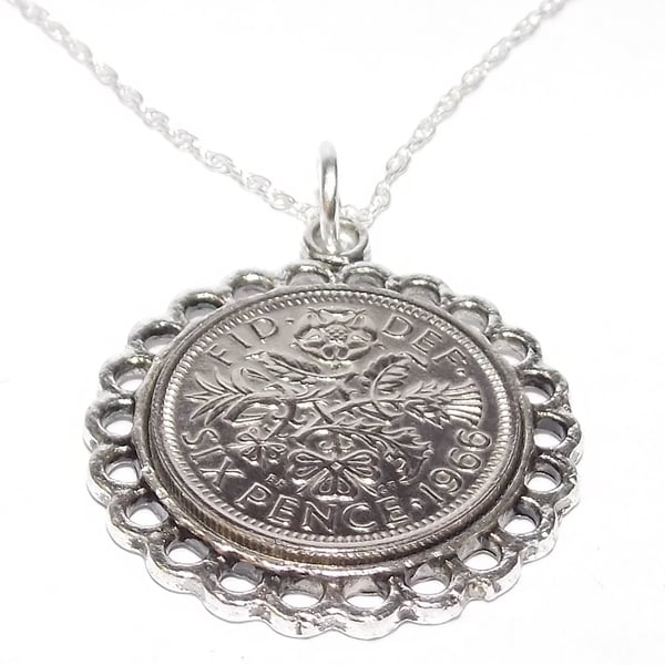 Fine Pendant 1966 Lucky sixpence 58th Birthday plus Sterling Silver 18in Chain