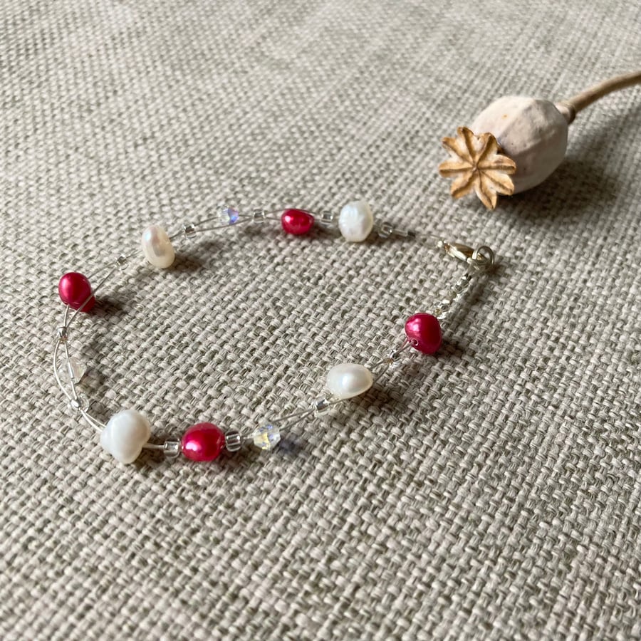 Pink & Cream Freshwater Pearl & Crystal Floating Bracelet PERFECTLY IMPERFECT