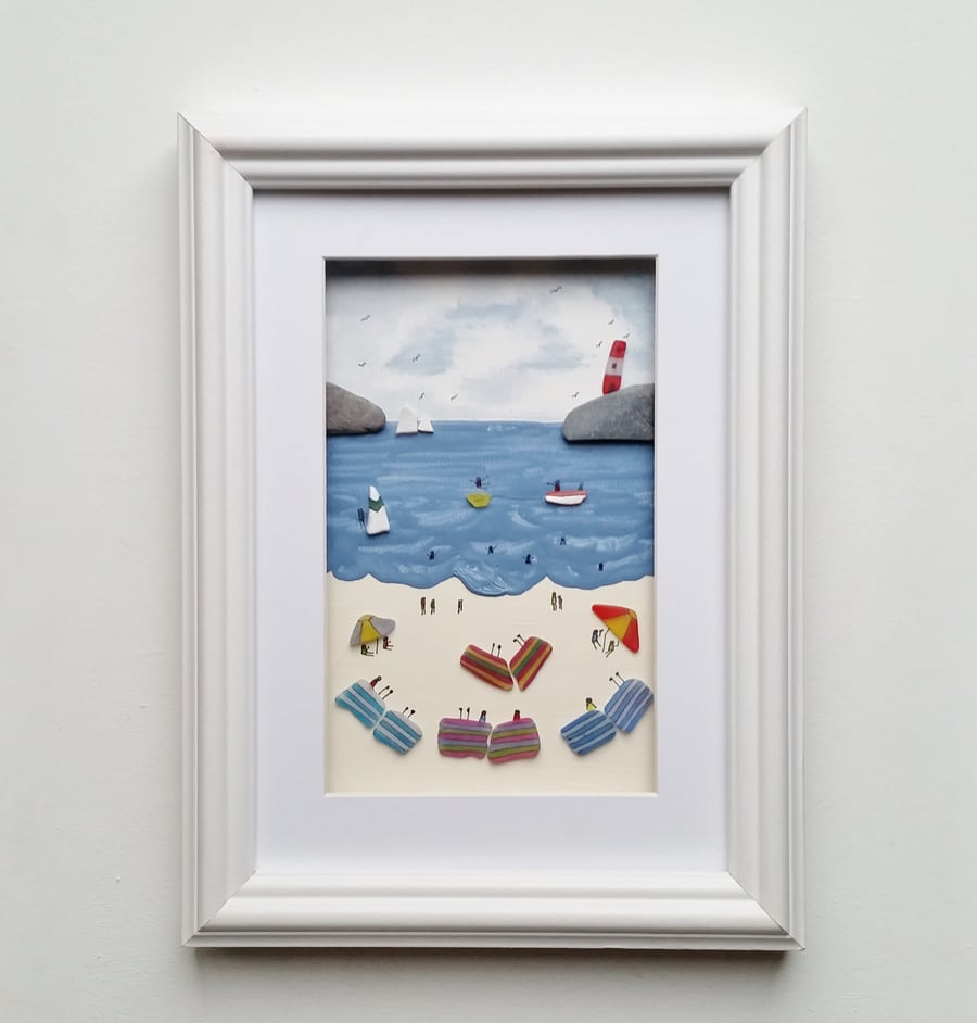 Coastal Framed Wall Art, Sea Glass Art Made in Cornwall, Unusual Gift Ideas