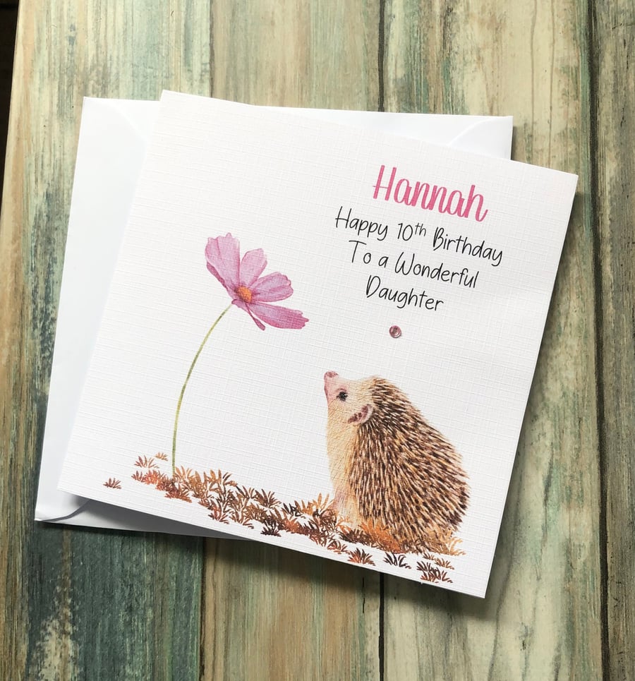 Hedgehog Personalised Birthday Card for Her Cute Pink Floral Happy Birthday Card