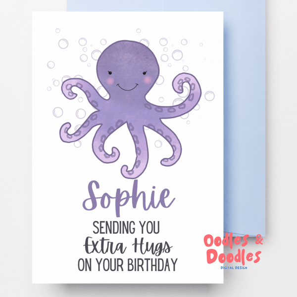 Purple Octopus Birthday Card, Personalised Birthday Card, Under the Sea Card