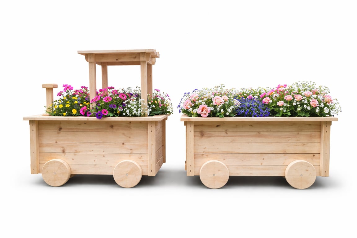 Handmade Wooden Train Planter Set  Rustic Garden Train  Outdoor Wooden Planter