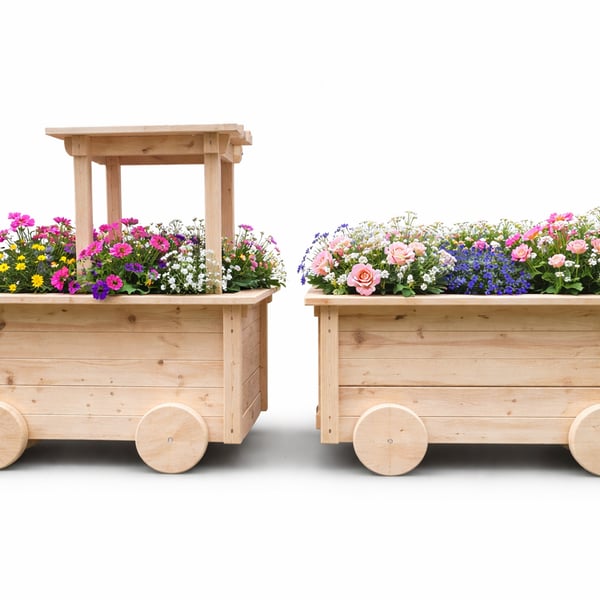 Handmade Wooden Train Planter Set  Rustic Garden Train  Outdoor Wooden Planter