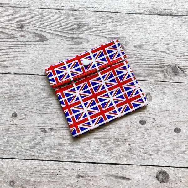 Great Britain Union Jack themed discreet sanitary cotton fabric pouch.