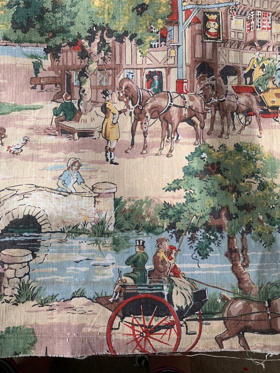 Lovely 30s 40s VILLAGE COUNTRY PUB scene Horses Vintage Fabric for sale