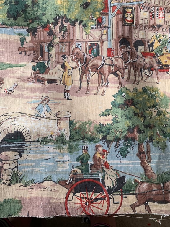 Lovely 30s 40s VILLAGE COUNTRY PUB scene Horses Vintage Fabric Lampshade