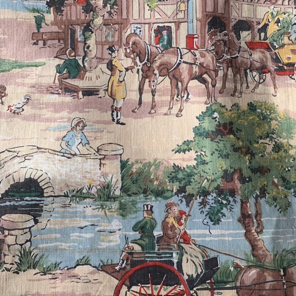 Lovely 30s 40s VILLAGE COUNTRY PUB scene Horses Vintage Fabric Lampshade