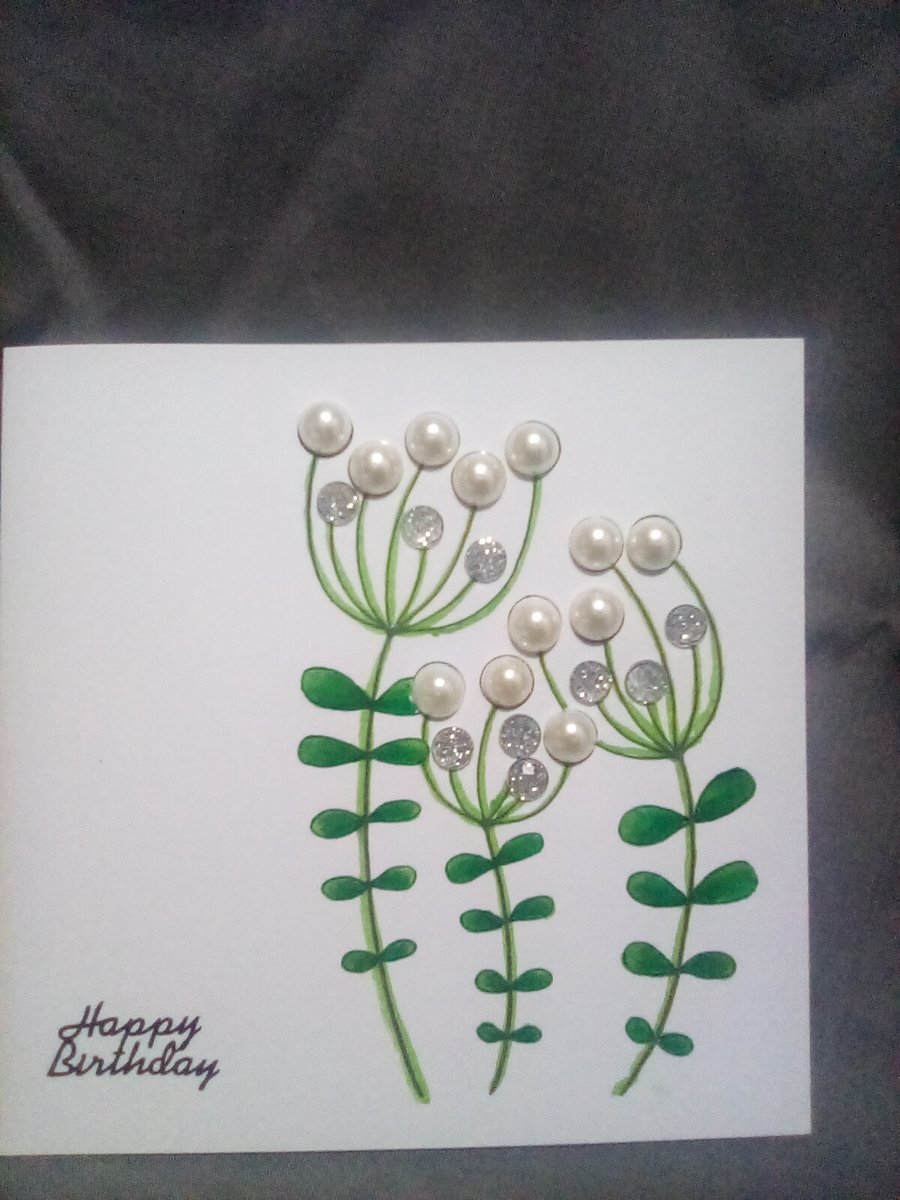 Pearl and gem embellished watercolour handmade Birthday card