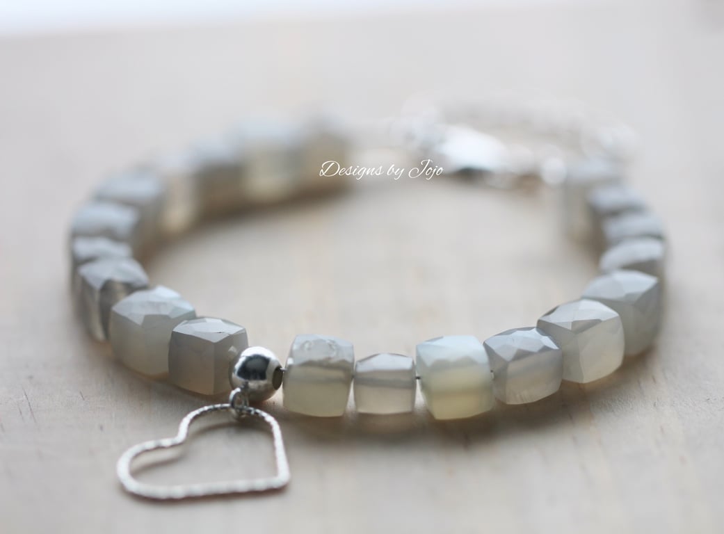 Grey Moonstone Faceted Bracelet with Heart Charm