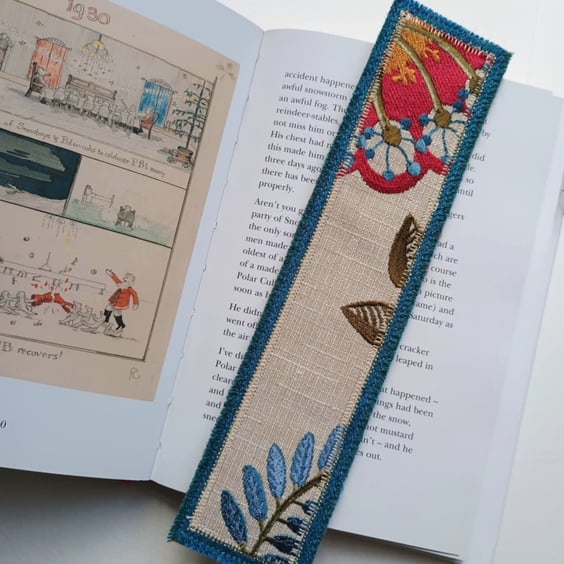 Textile bookmark - Red and blue embroidered curtain and wool fabrics upcycled