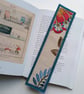 Textile bookmark - Red and blue embroidered curtain and wool fabrics upcycled - Image 1