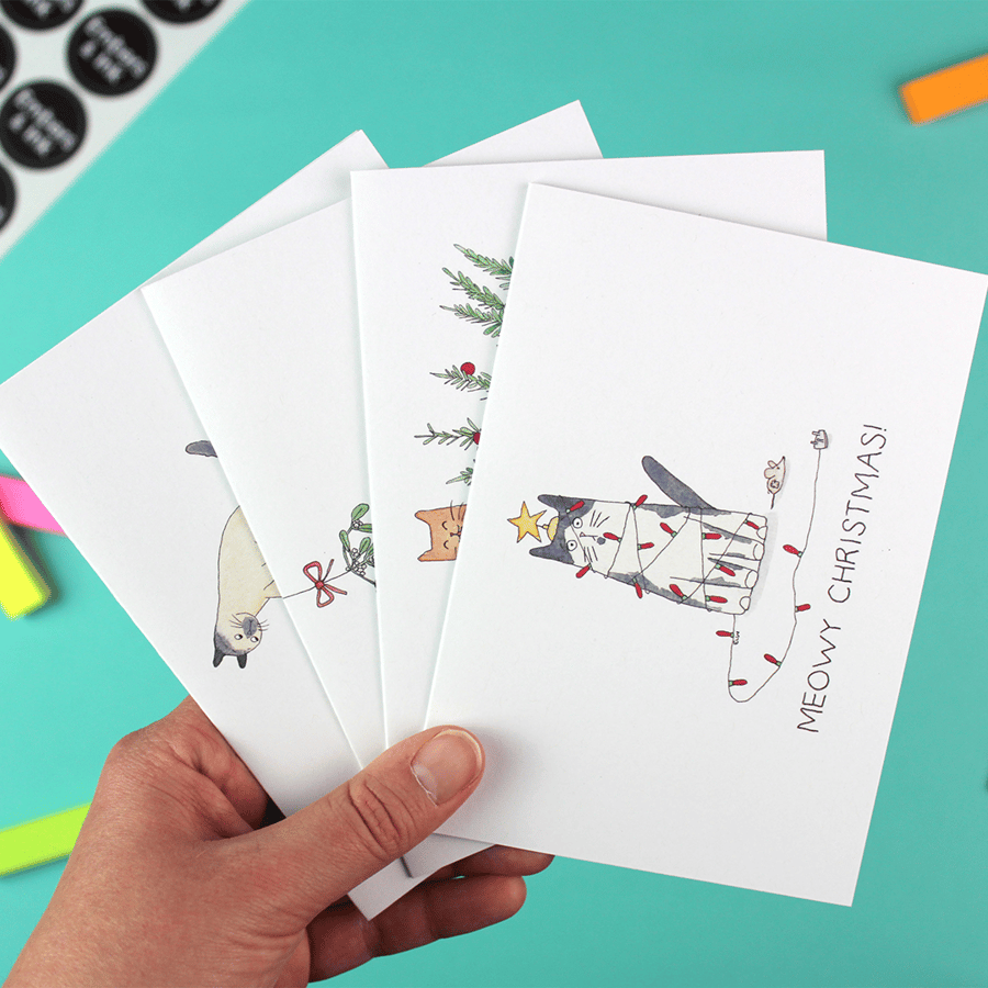 Meowy Christmas Cards - Pack of 4 assorted cat illustrations