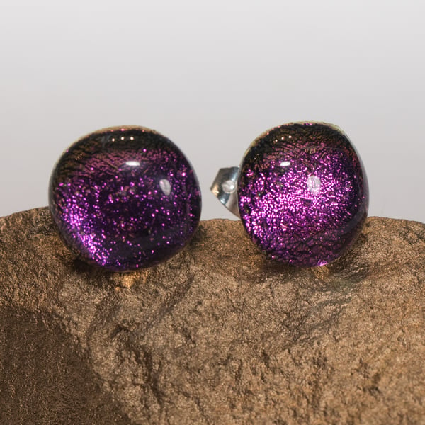 Pink Dichroic Glass Earrings on Sterling Silver Studs - 2034
