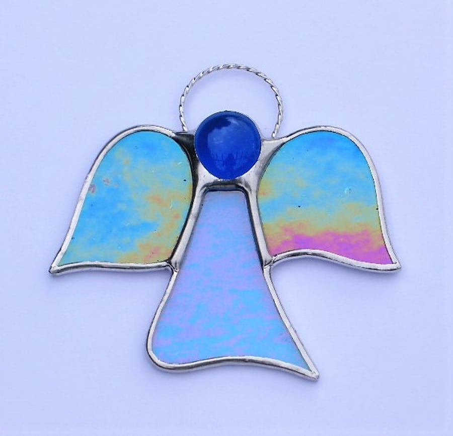 Stained glass (Angel) abstract in blue and purple translucent iridescent glass