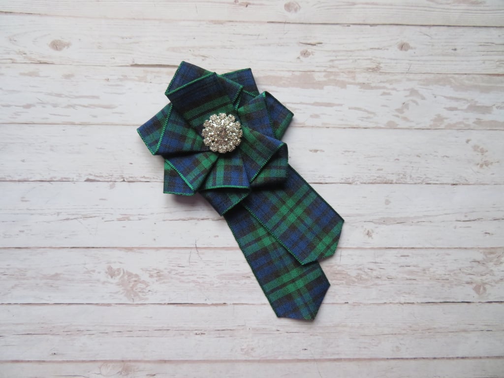 Black Watch Tartan Ruffle Rosette Rhinestone Diamante Stud Brooch
