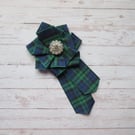 Black Watch Tartan Ruffle Rosette Rhinestone Diamante Stud Brooch