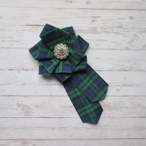 Black Watch Tartan Ruffle Rosette Rhinestone Diamante Stud Brooch