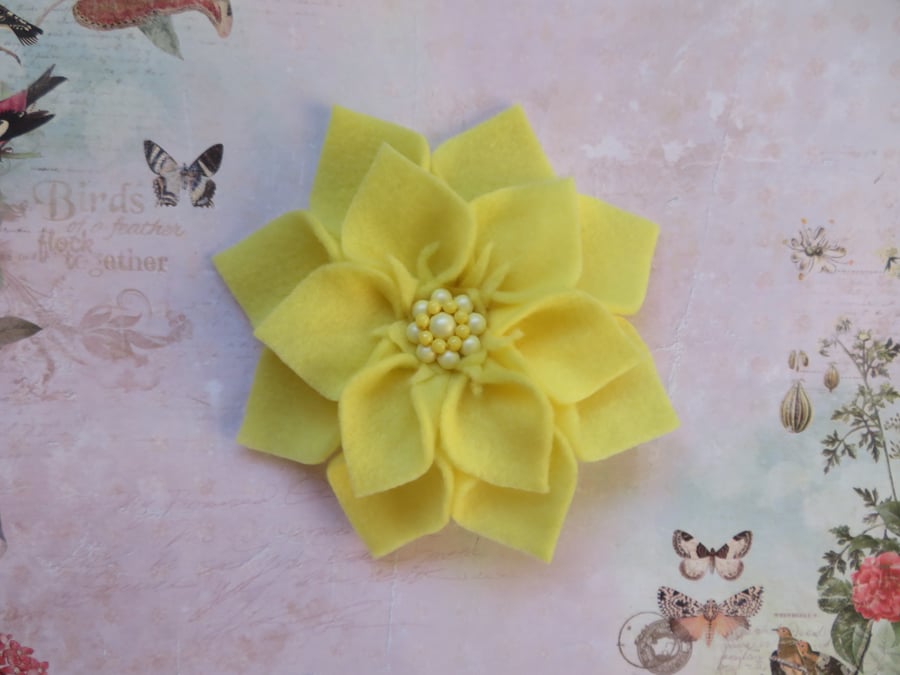 Bright Lemon Yellow Vintage Retro Style Felt Flower Hair Accessory Clip Wedding