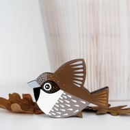 House sparrow wall or shelf decoration, miniature flying bird, British bird art.