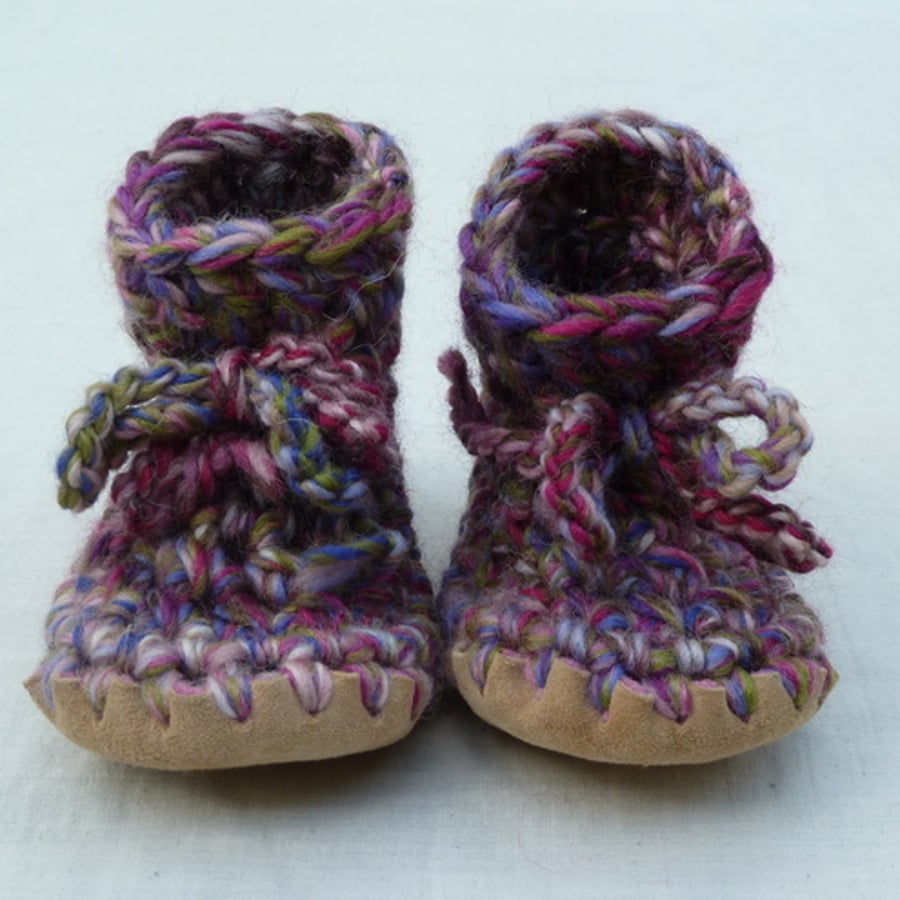 Wool & leather baby boots pink mix 12-18 months