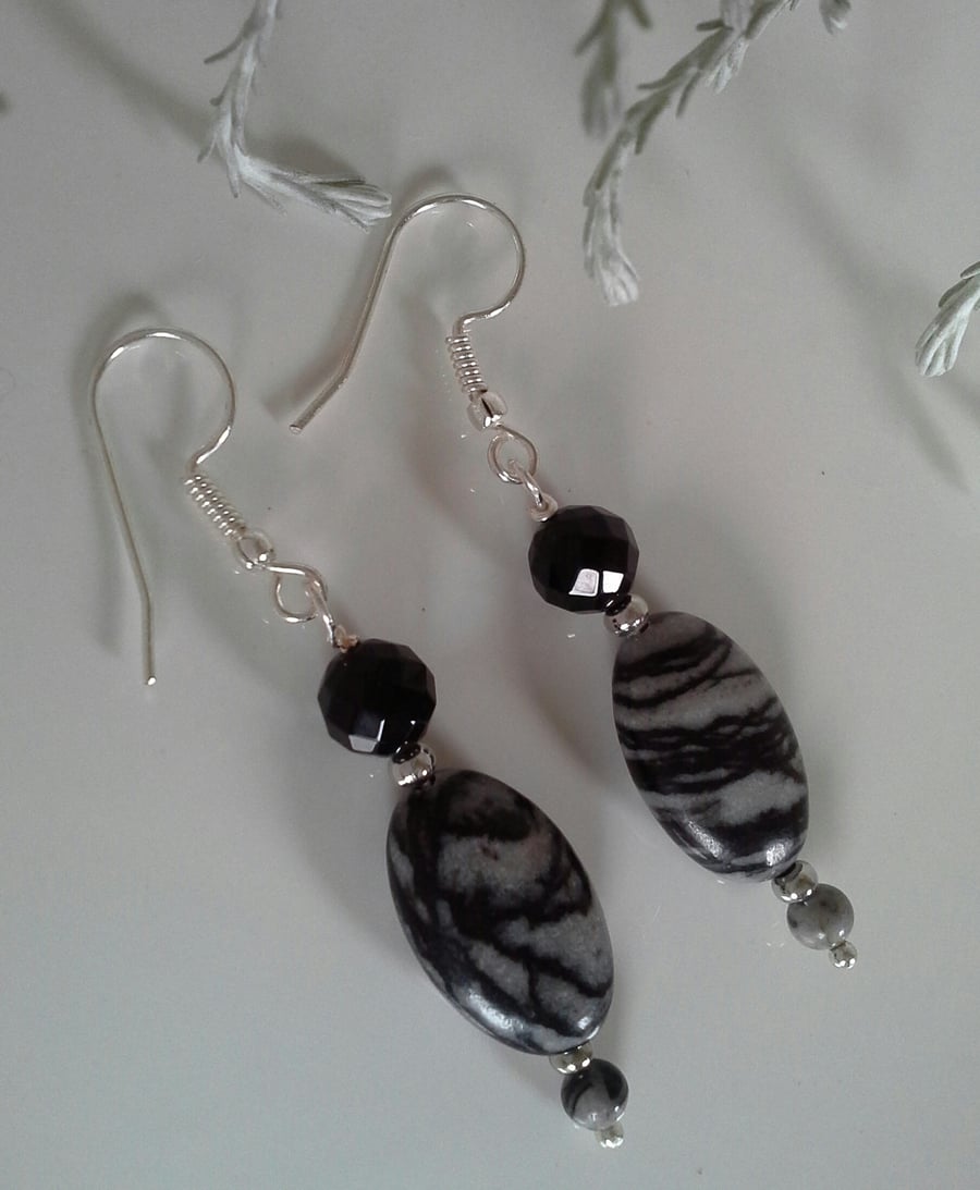SALE Faceted Onyx, Jasper Silver Plated Earrings